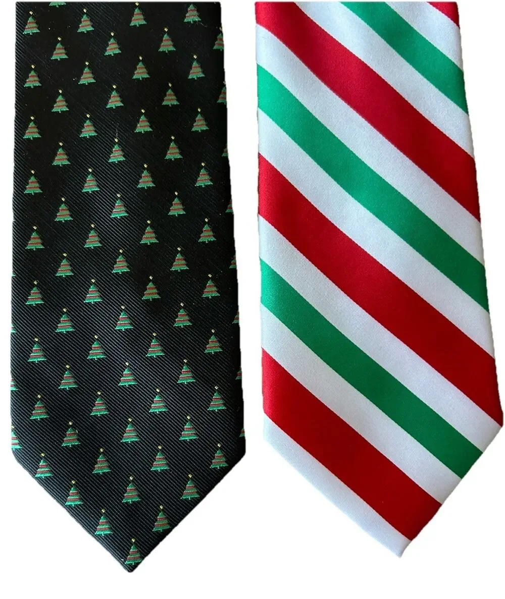 VTG Holiday Traditions Ties Christmas Red Black Silk Stripes Tree Necktie Lot 2